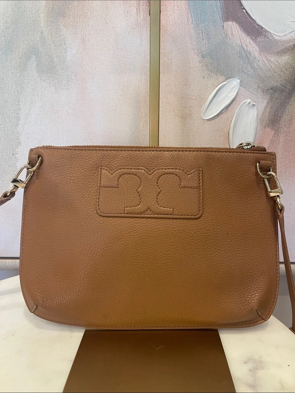 Tory Burch Tan Pebbled Leather Crossbody with Gold Logo